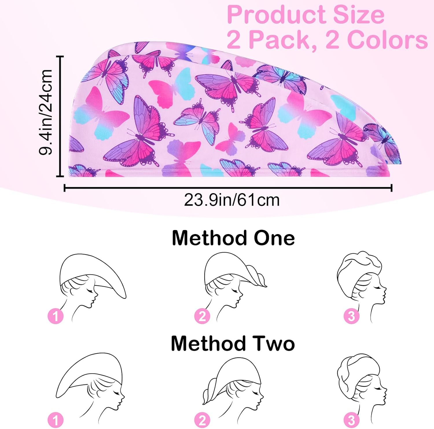 Basumee Microfiber Hair Towel Wrap 2 Pack - Blue Pink Butterfly Design