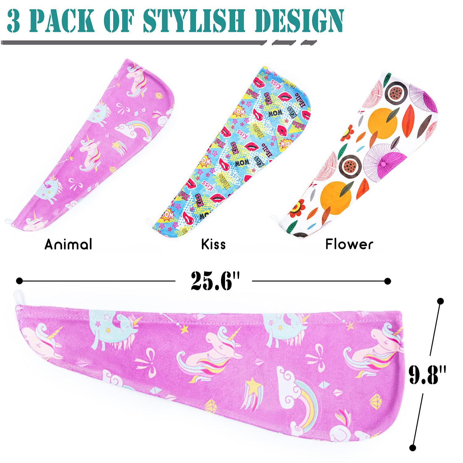 ELLEWIN Microfiber Hair Drying Towel 3 Pack for Kids Women