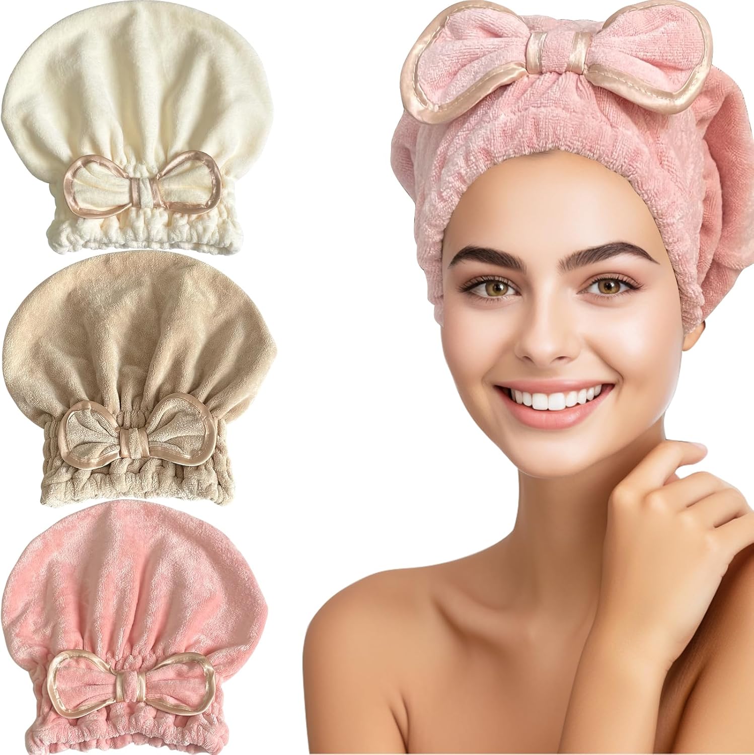 Jseng Microfiber Hair Towel Caps 3 Pack with Bowtie Design
