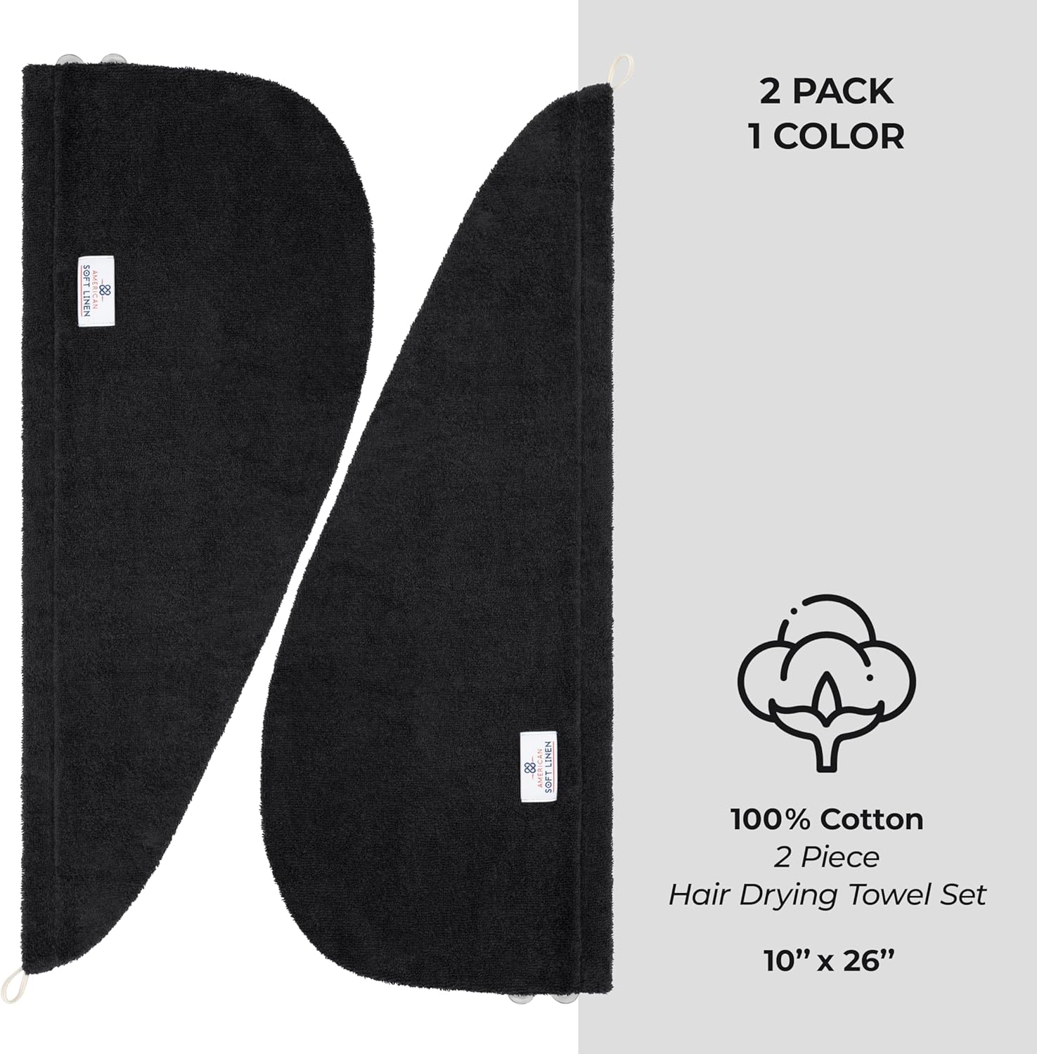 American Soft Linen 100 Cotton Hair Towels 2 Pack Black