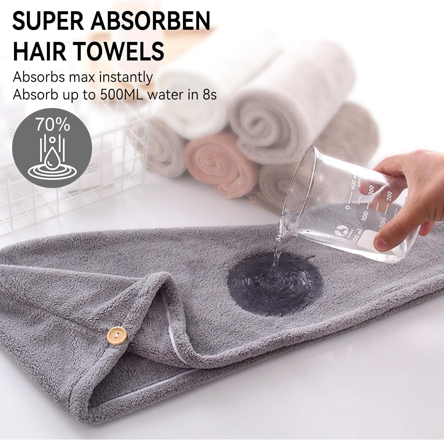 Wetore 3 Pack Microfiber Hair Towel with Button Closure