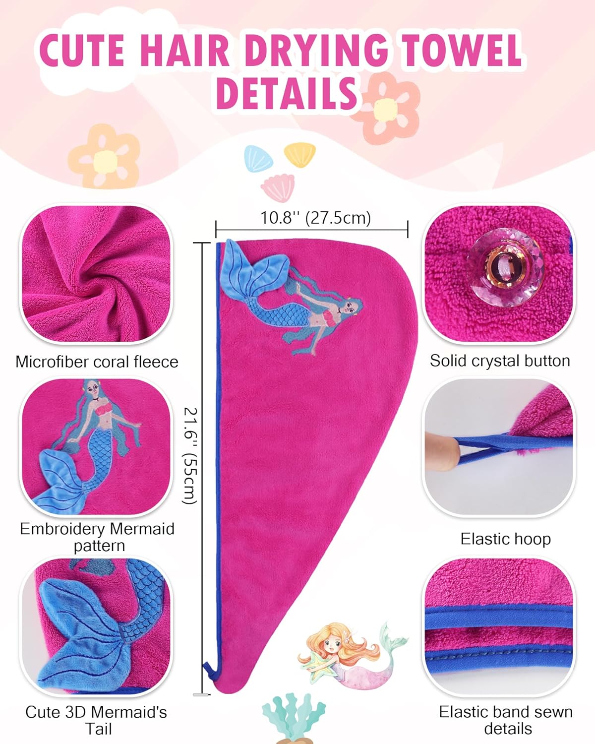 YI HENG MEI 3D Embroidery Hair Towel Wrap for Kids 2PCS
