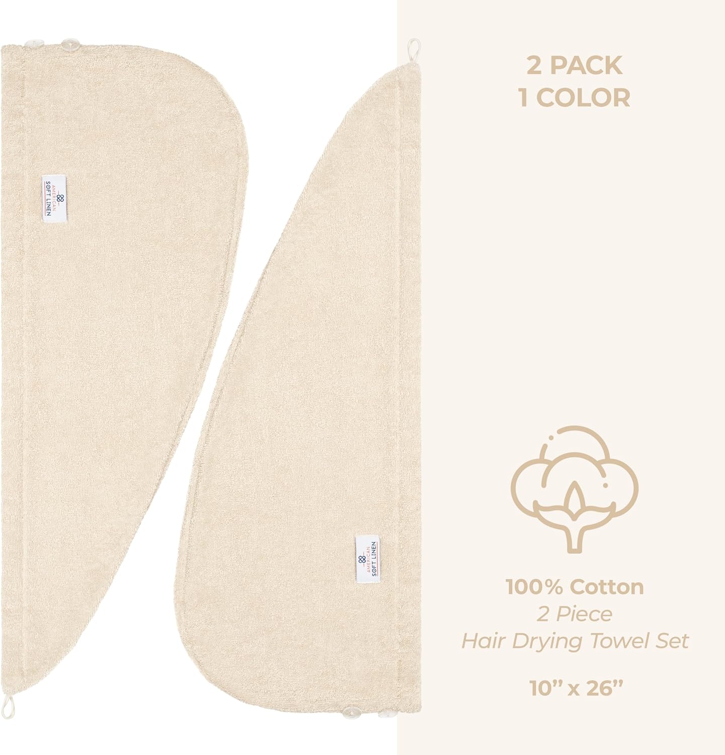 American Soft Linen 100 Cotton Hair Towels 2 Pack Beige 1