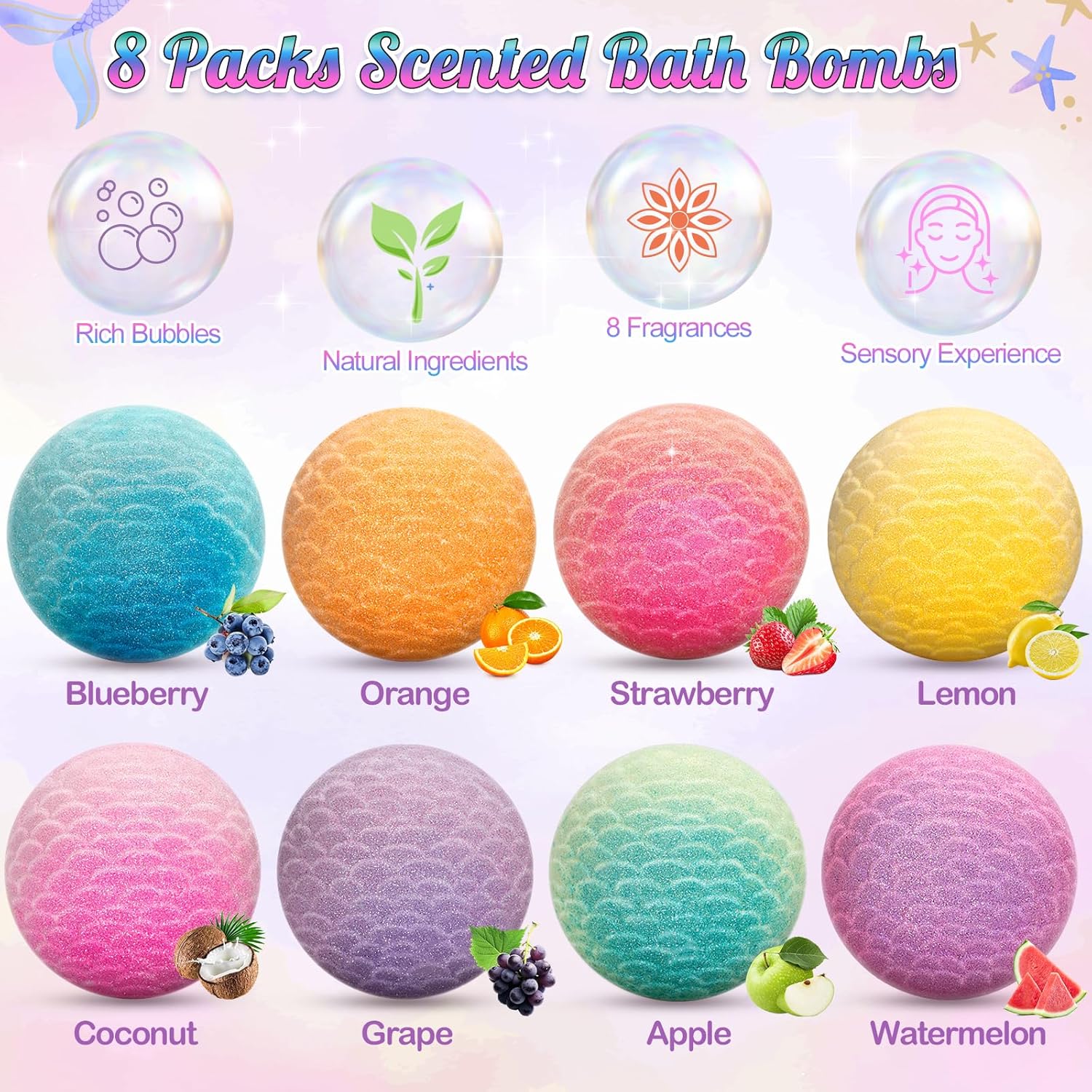 Ellinjan Mermaid Bath Bombs for Kids 8PCS Surprise Toys