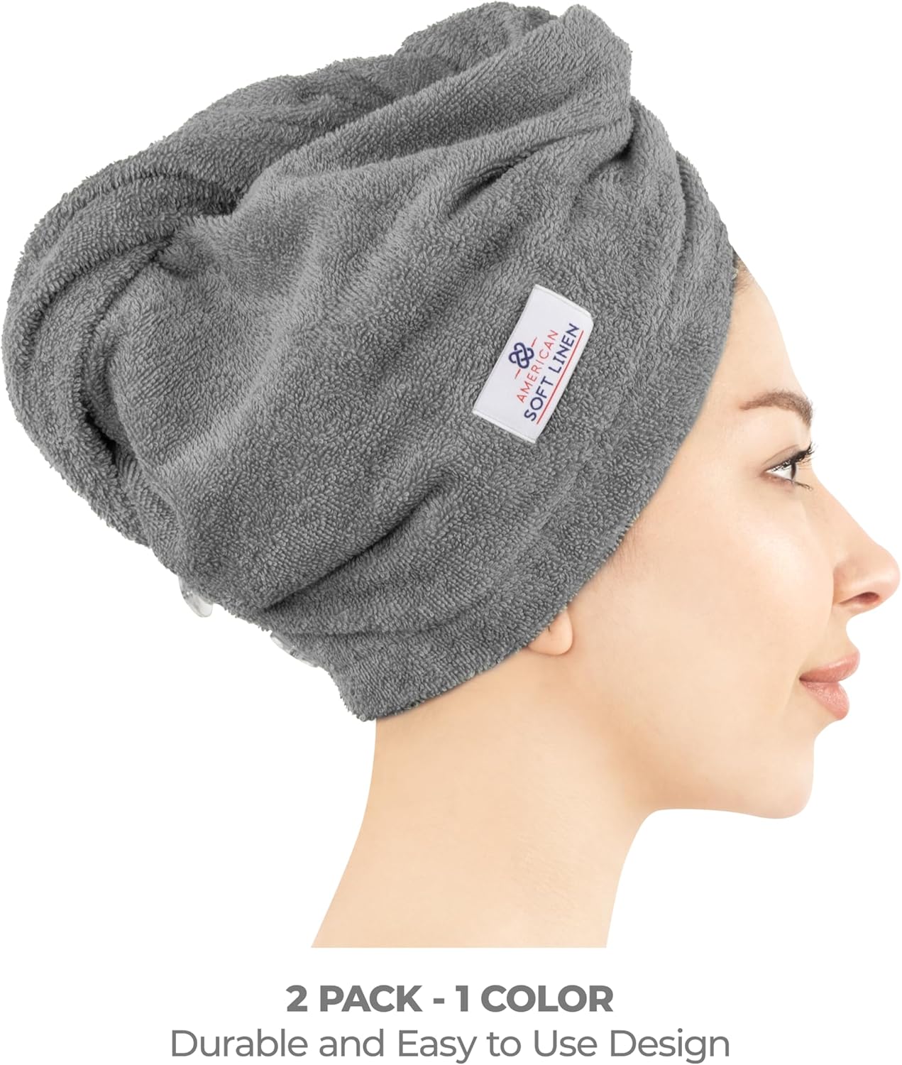 American Soft Linen 100 Cotton Hair Towels 2 Pack Dark Gray
