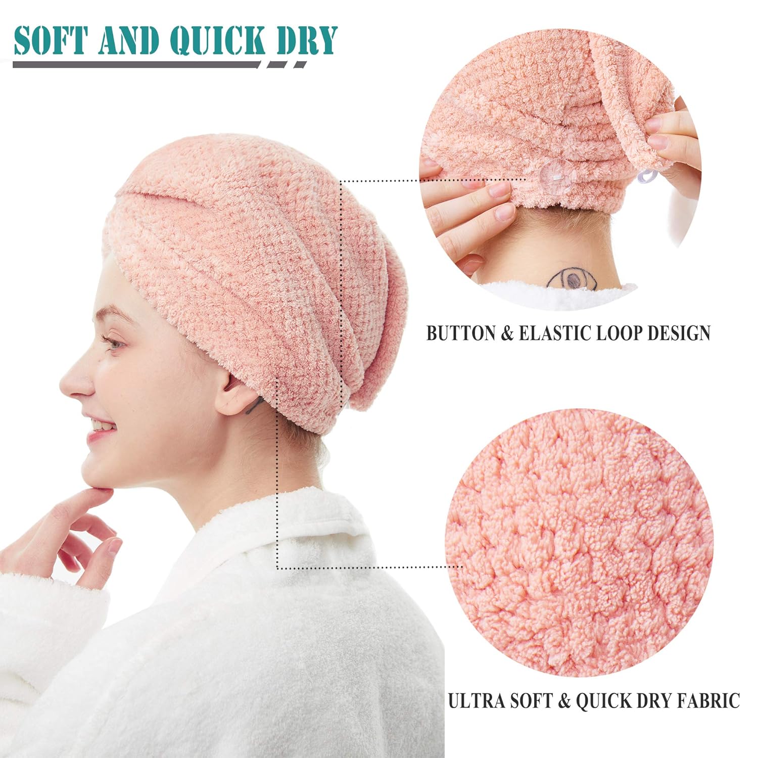 ELLEWIN 3 Pack Hair Towel Wrap with Buttons