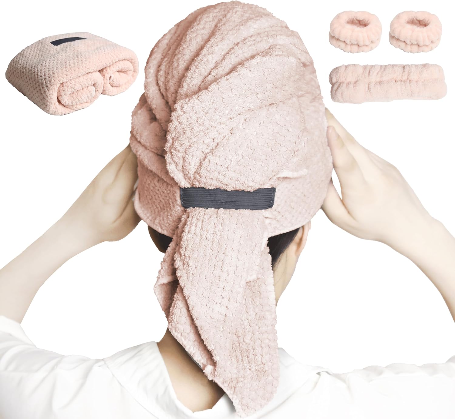 Large Microfiber Hair Towel with Spa Headband and Wristbands Set - Light Pink