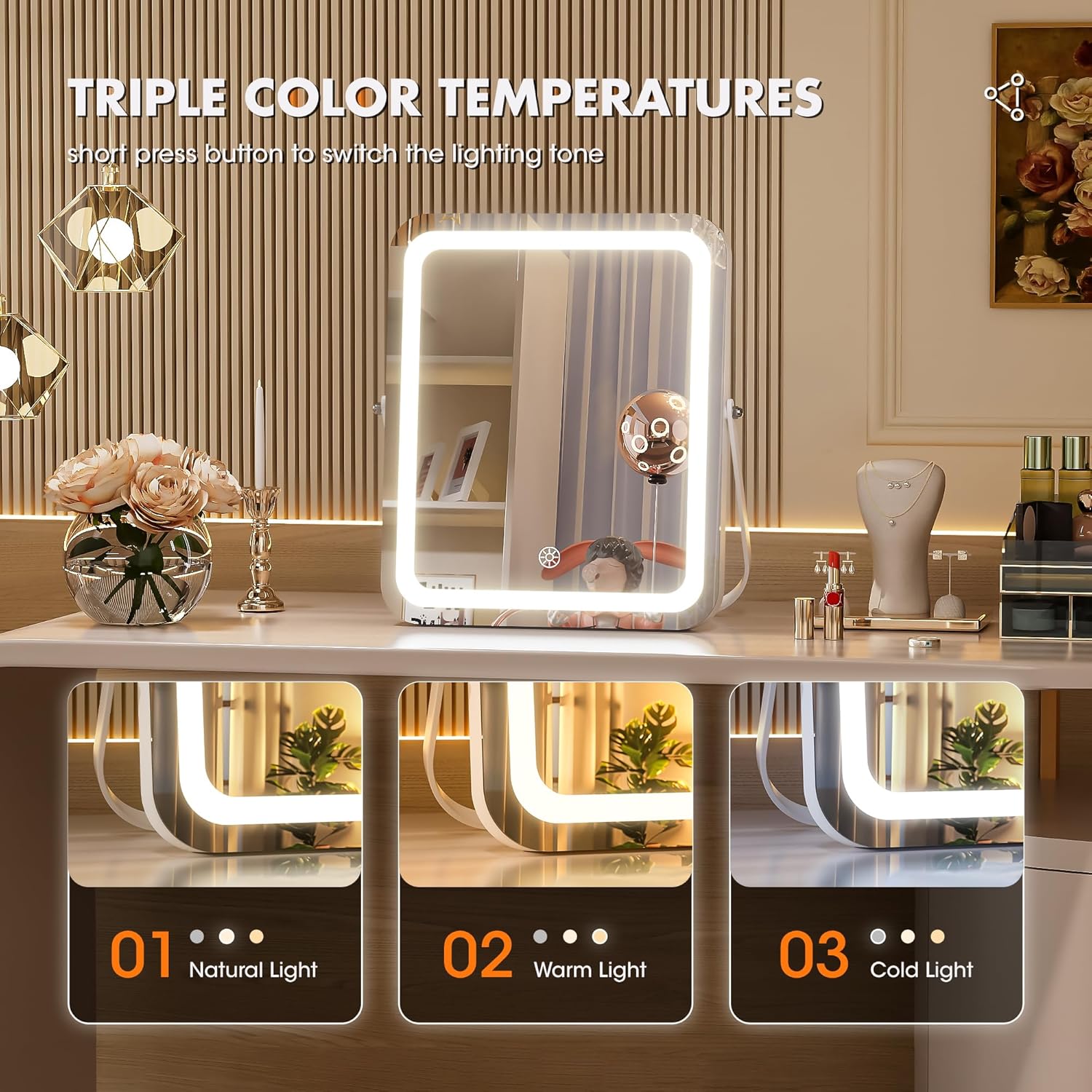 Hasipu Vanity Mirror with 3 Modes and 360 Rotation