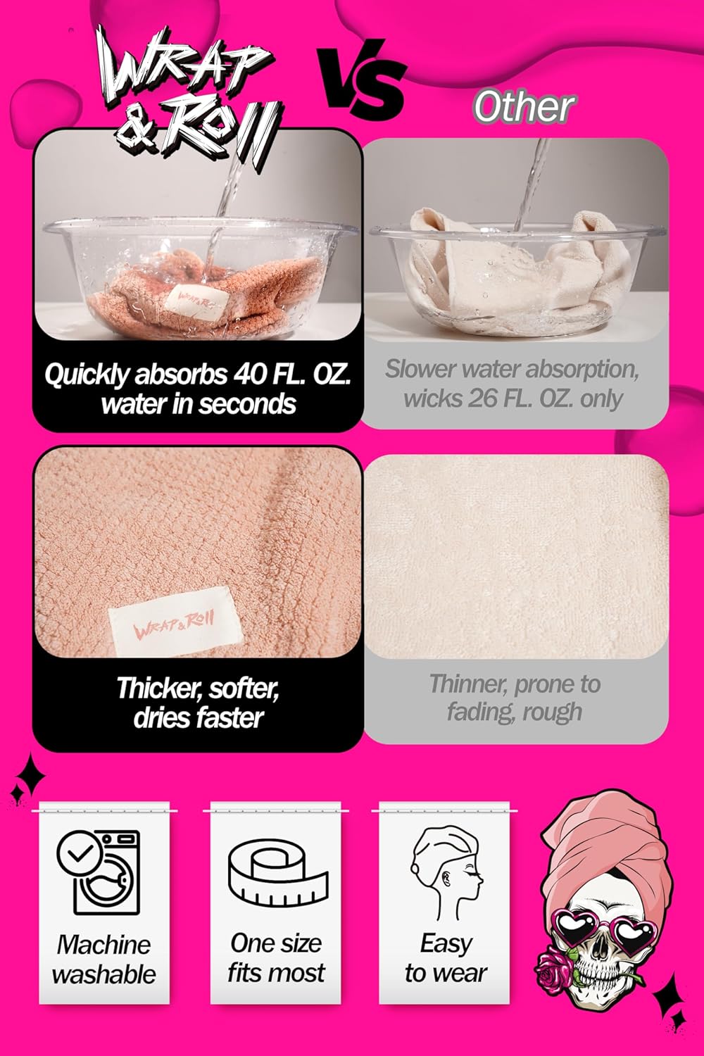Wrap Roll Microfiber Hair Towel - Pink