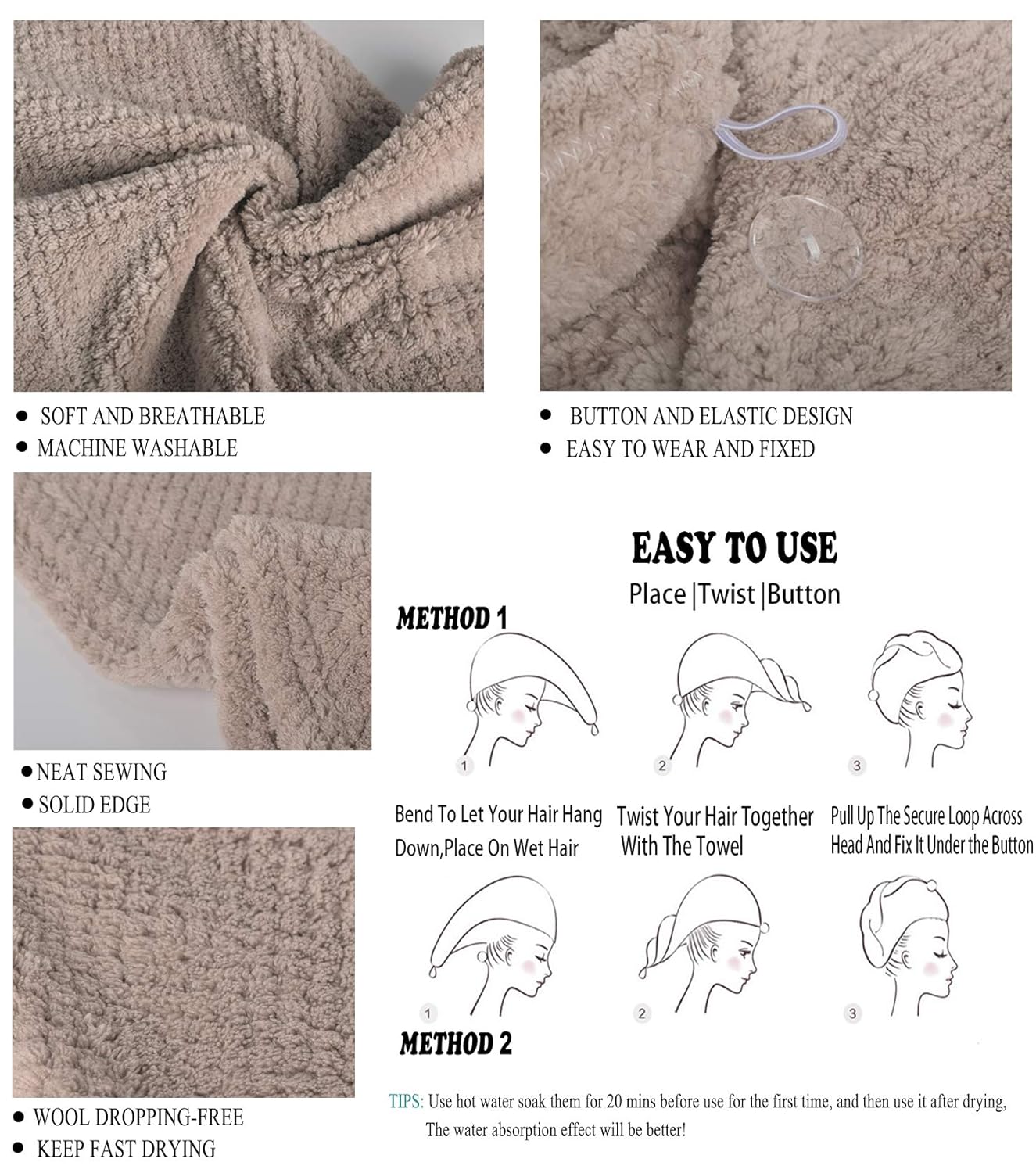 ELLEWIN 3 Pack Hair Towel Wrap with Buttons