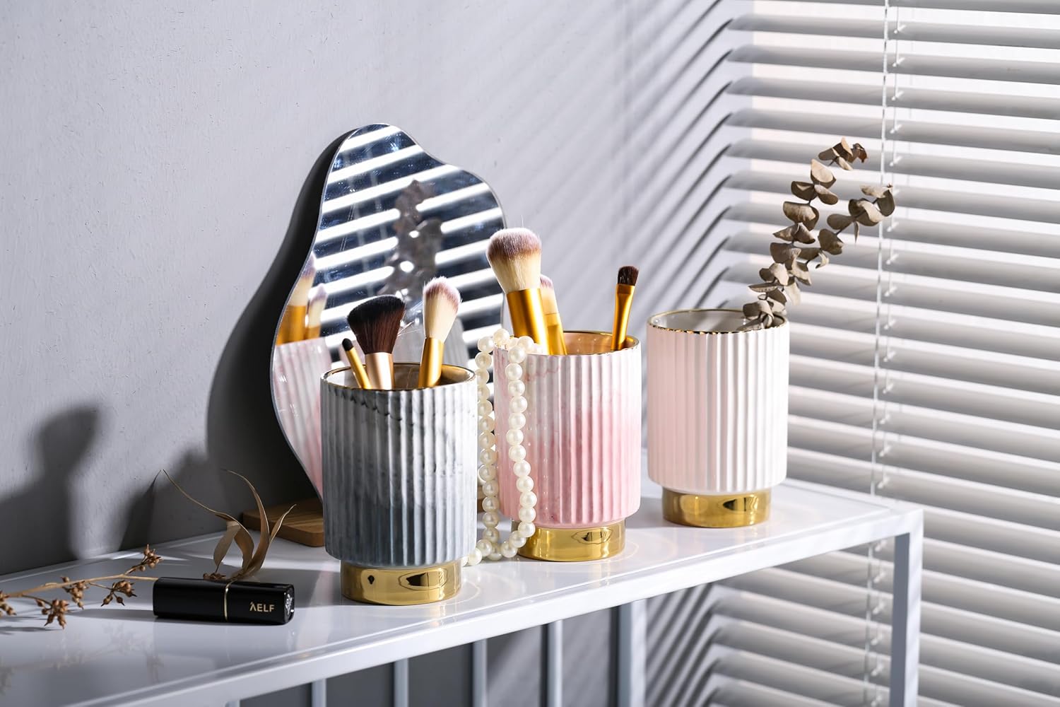 IEEK Pink and Gold Makeup Brush Holder Organizer