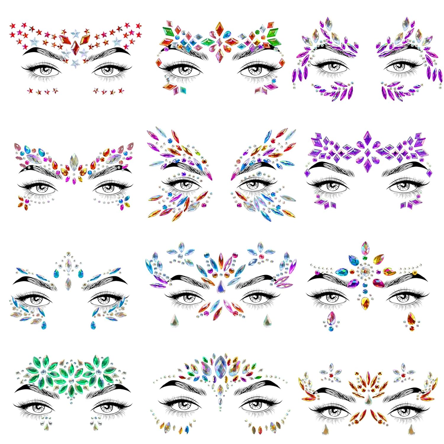 Allruyee 12 Sets Waterproof Face Jewels Sticker