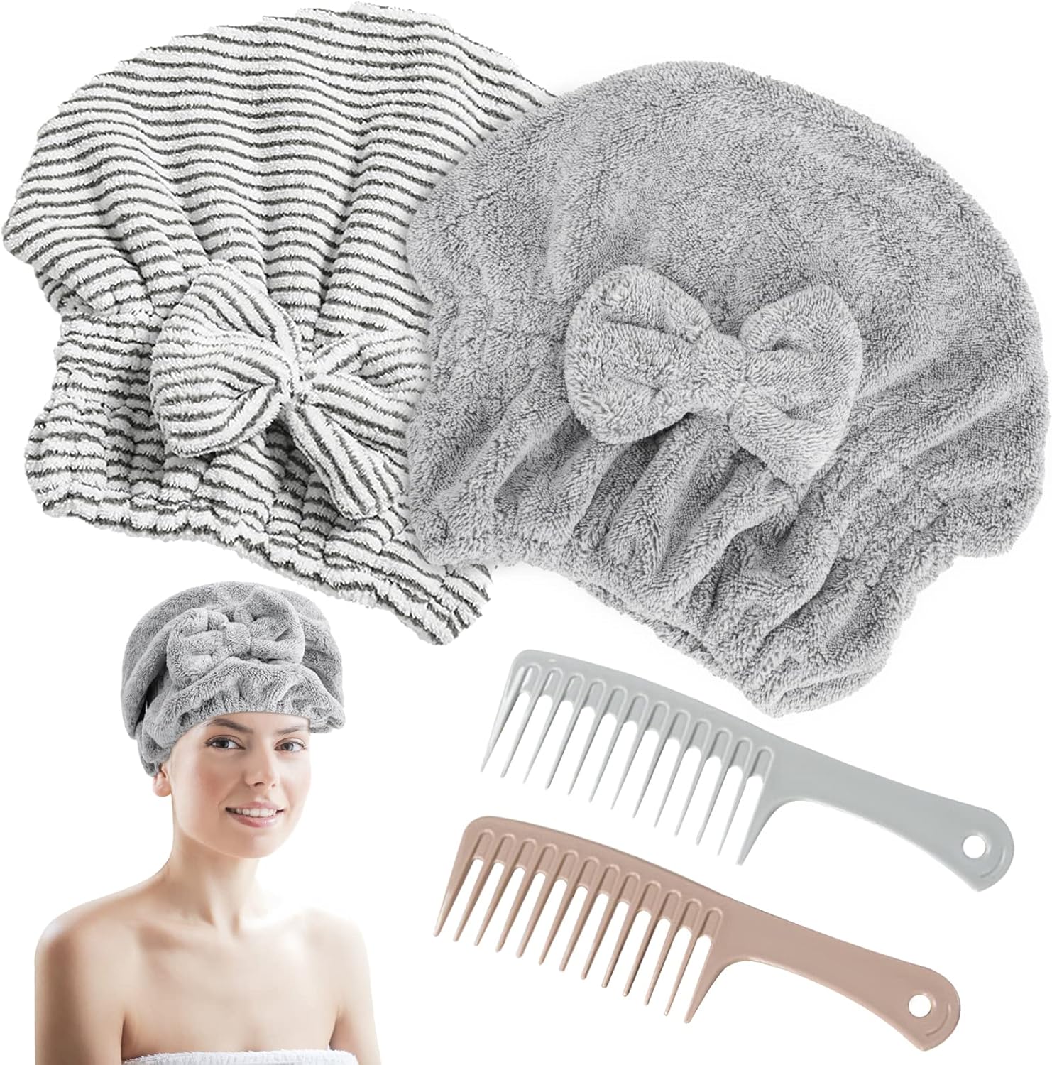 2 Pack Microfiber Towel Caps with 2 Combs for Curly Hair