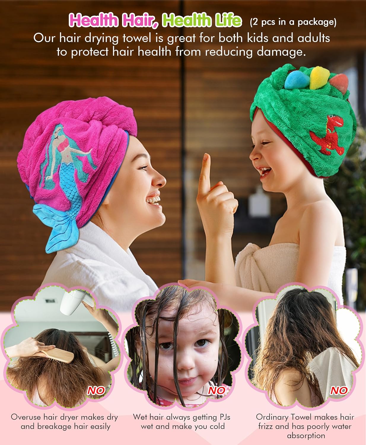 YI HENG MEI 3D Embroidery Hair Towel Wrap for Kids 2PCS