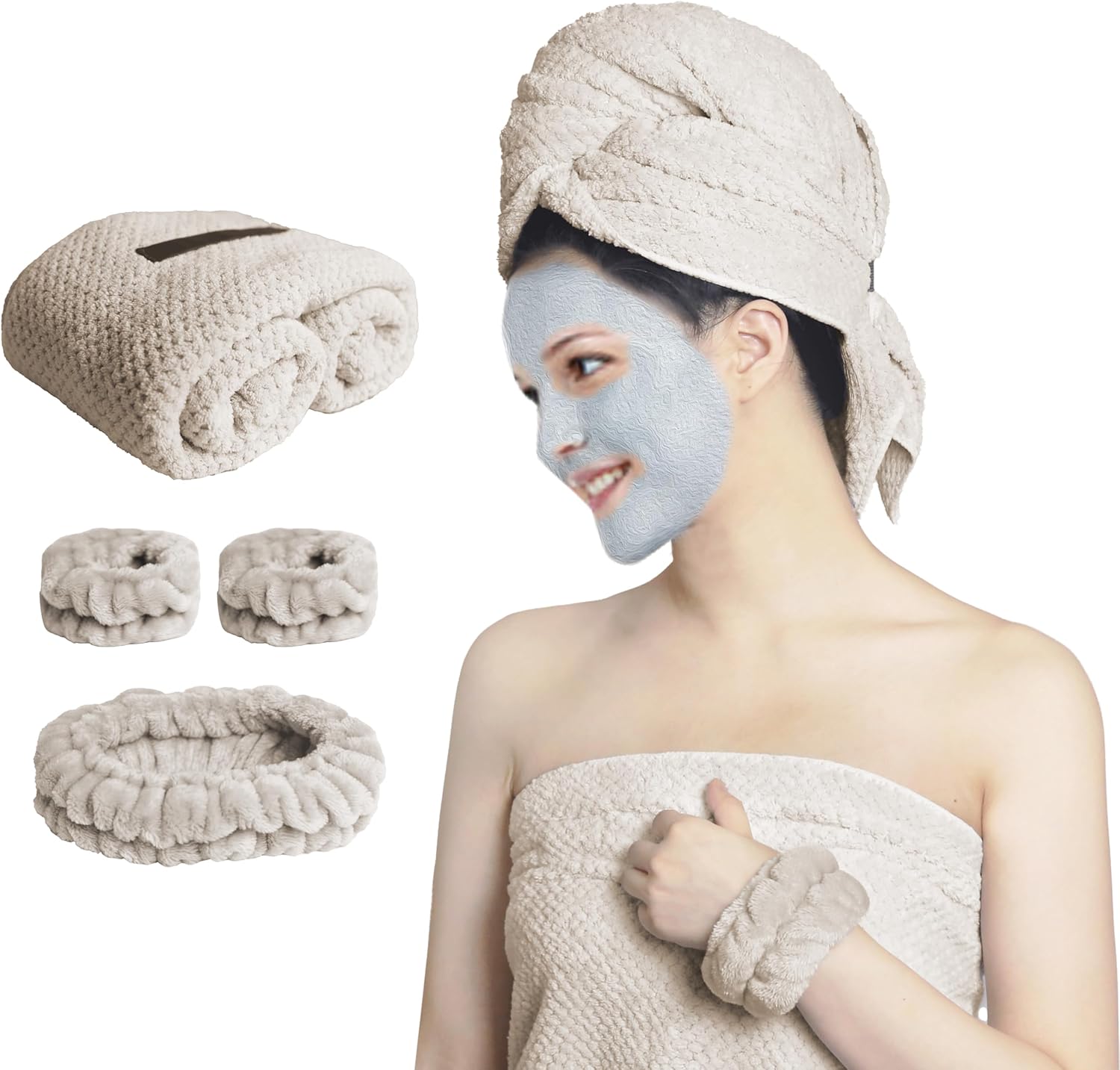 Large Microfiber Hair Towel with Spa Headband and Wristbands Set