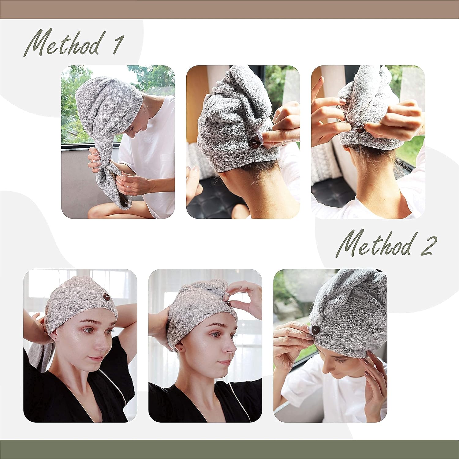 myHomeBody Hair Drying Turban - Ultra Soft Charcoal Fiber Wrap with Coconut Shell Button