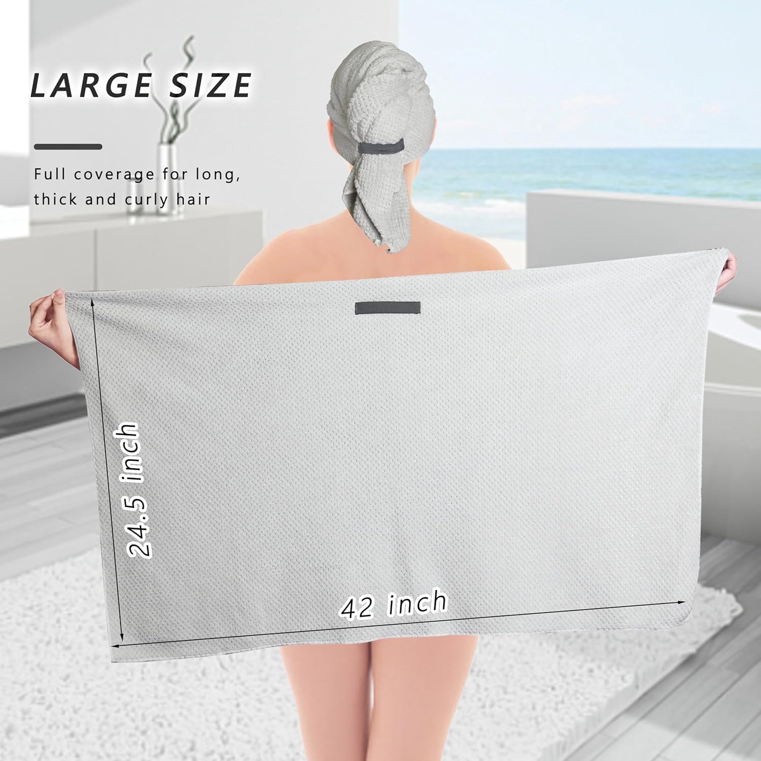 Large Microfiber Hair Towel with Spa Headband and Wristbands - Light Grey