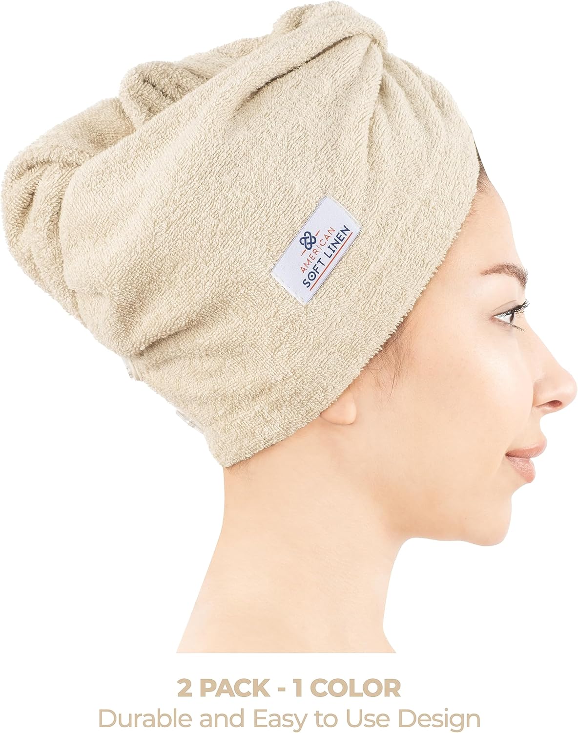 American Soft Linen 100 Cotton Hair Towels 2 Pack Beige 1