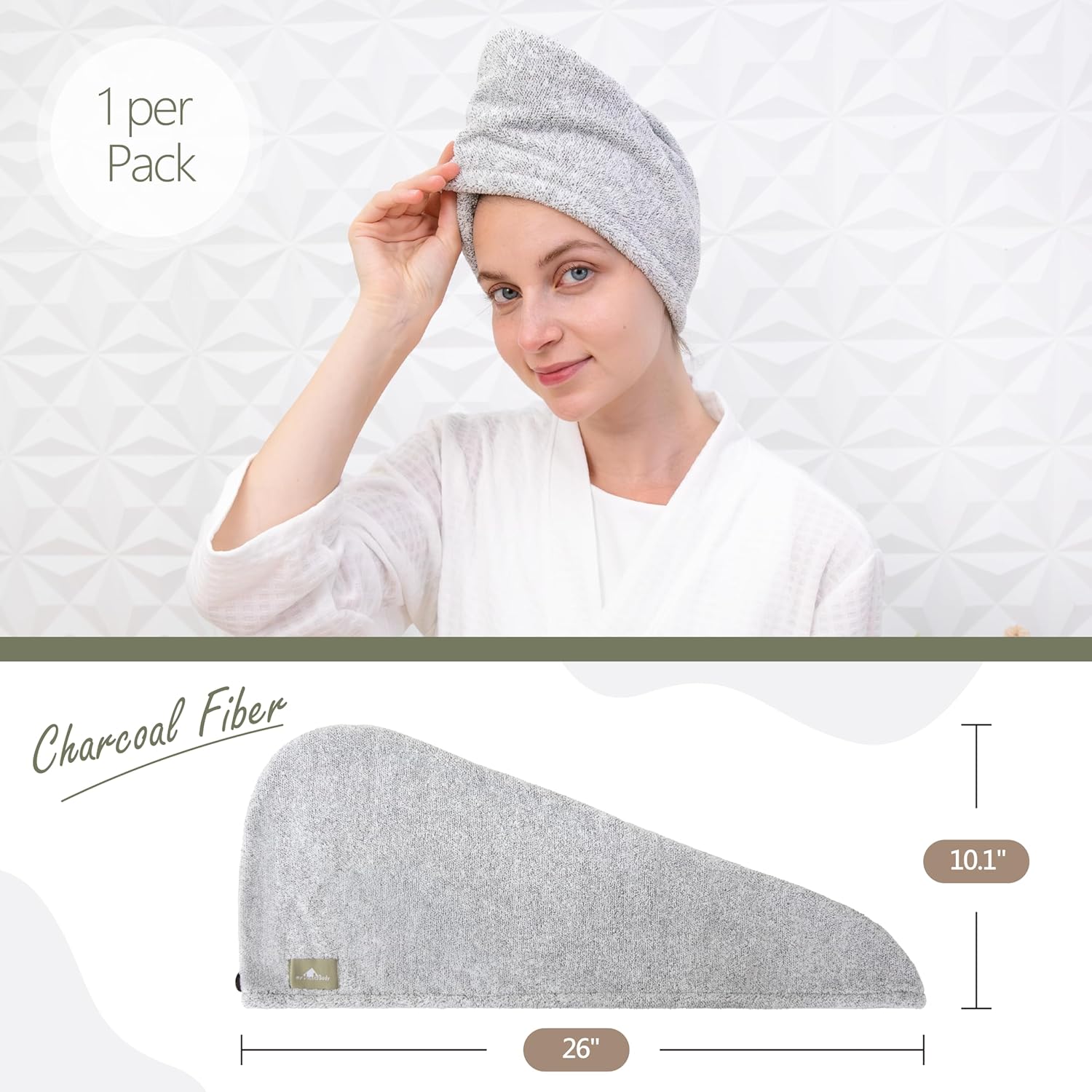 myHomeBody Hair Drying Turban - Ultra Soft Charcoal Fiber Wrap with Coconut Shell Button