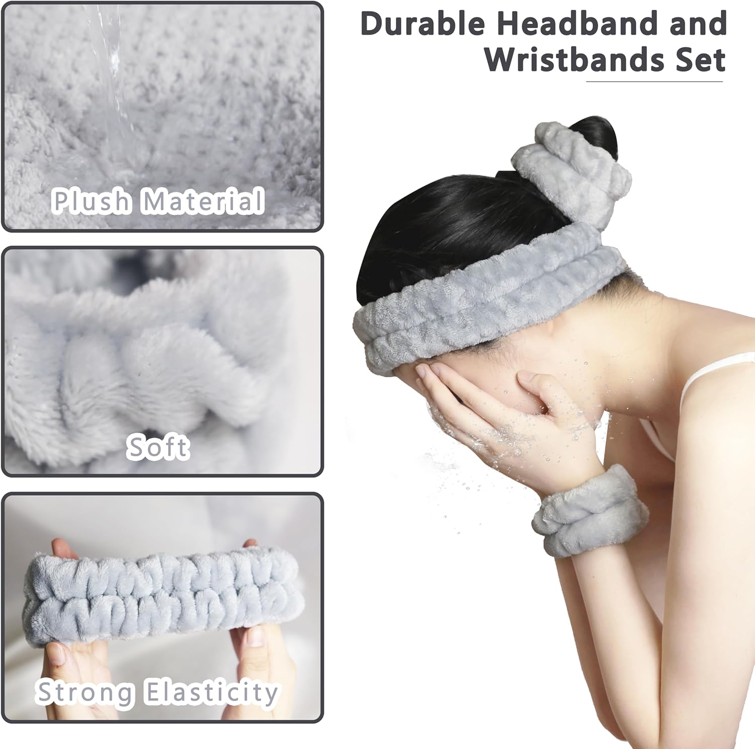 Large Microfiber Hair Towel with Spa Headband and Wristbands - Light Grey