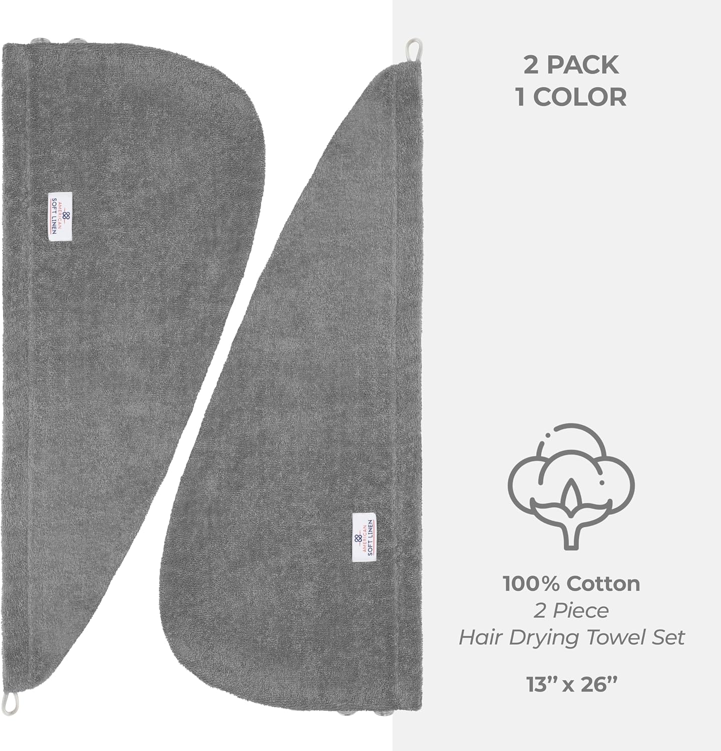 American Soft Linen 100 Cotton Hair Towels 2 Pack Dark Gray