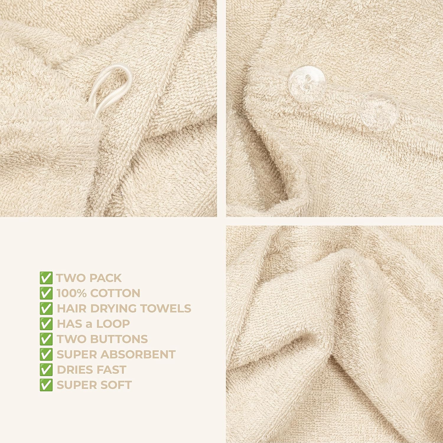American Soft Linen 100 Cotton Hair Towels 2 Pack Beige 1