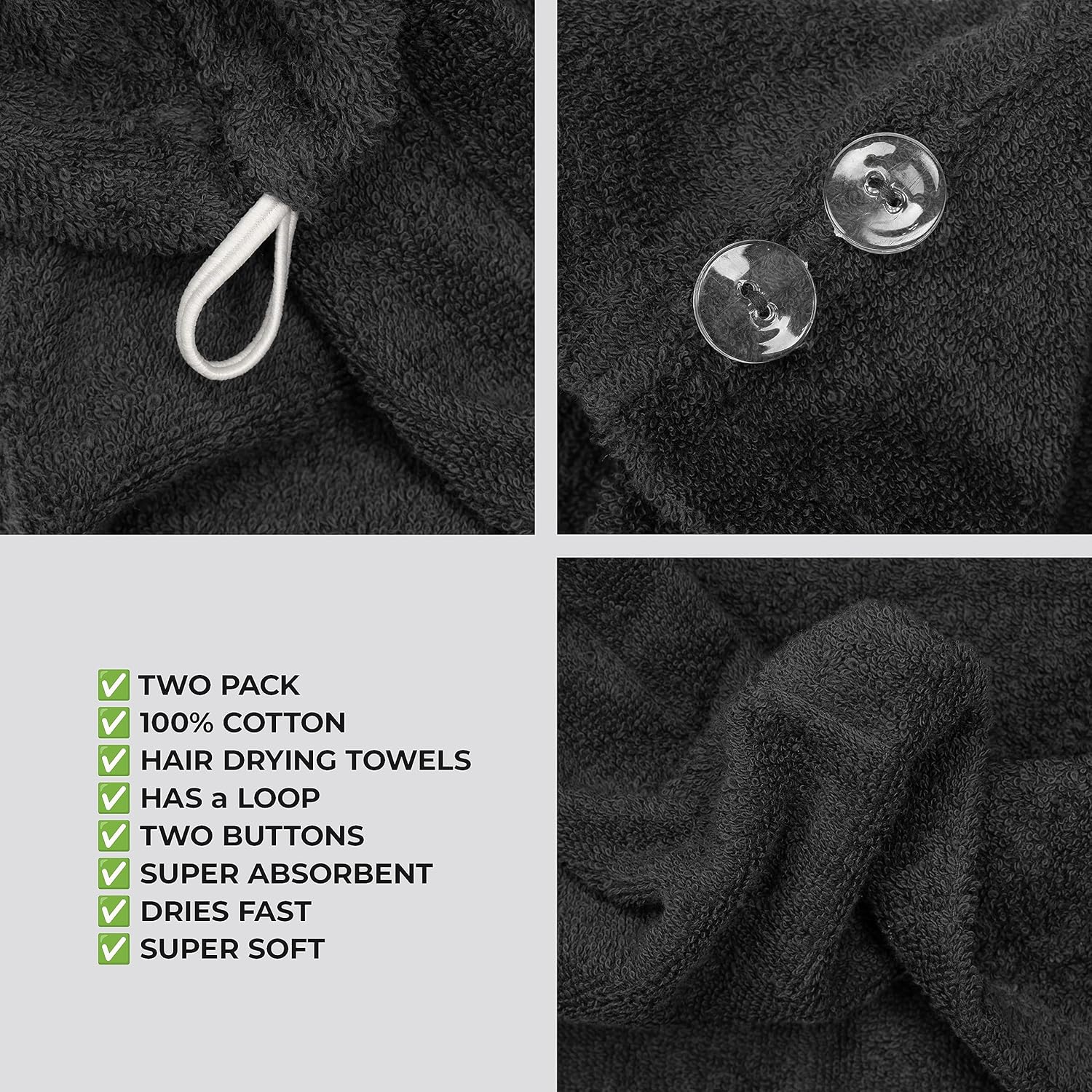American Soft Linen 100 Cotton Hair Towels 2 Pack Black