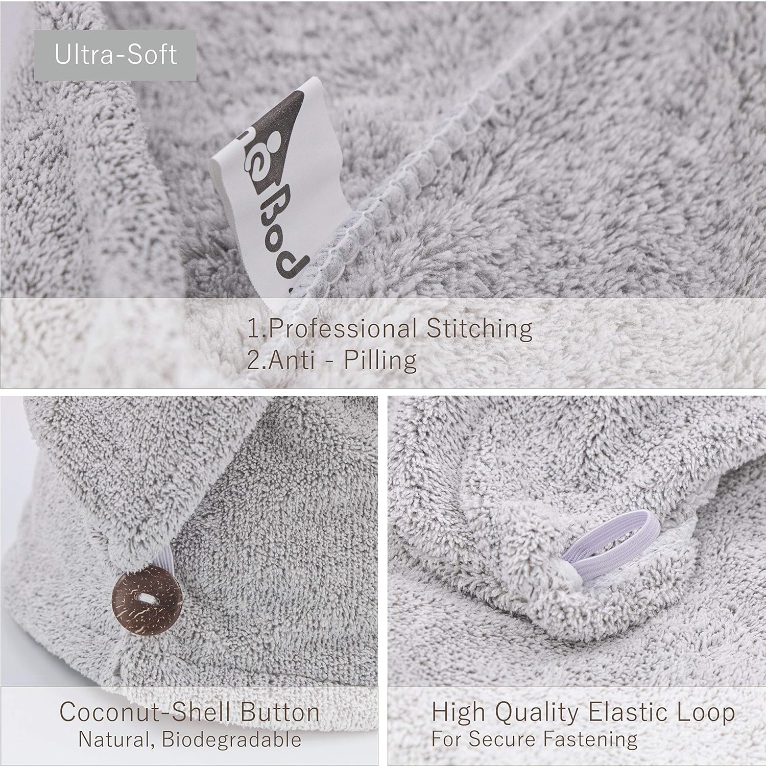 myHomeBody Hair Drying Turban - Ultra Soft Charcoal Fiber Wrap with Coconut Shell Button
